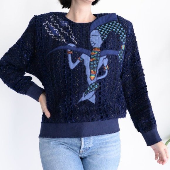 Vintage Season Fashion Navy Knit Crewneck Sweater  Size 13 - Picture 1 of 10